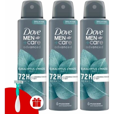 Dove Men+Care Advanced pánsky dezodorant eucalyptus + mint 3 x 150 ml + holiaci strojček Dove