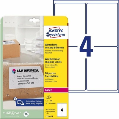 Avery Zweckform L7994-25 99,1 mm x 139 mm A4 bílá 1 značka vodotěsná zabalená po 25 ks