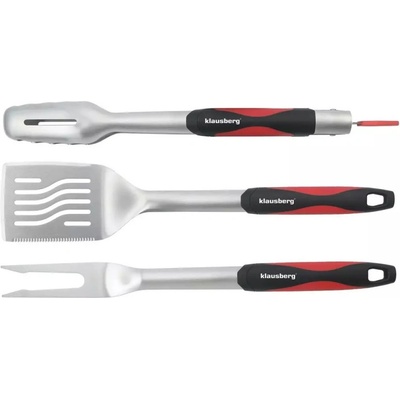 KLAUSBERG Комплект 3бр прибори за барбекю Klausberg KB 7899, Щипка, Вилица, Шпатула, Отвор за окачване, Неръждаема стомана, Черен/Червен (9999KB7899)