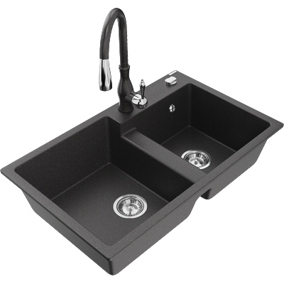 Mexen Tomas гранитна мивка с 2 камери и кухненски смесител Savita, черно на пръски - 6516-76-672601-76 (6516-76-672601-76)