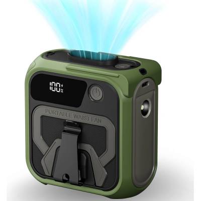 Techsuit - Преносим мини вентилатор Premium (Z13) - с външна батерия, презареждащ се, 5 скорости на вятъра, катарама за колан, 10000mAh - зелен