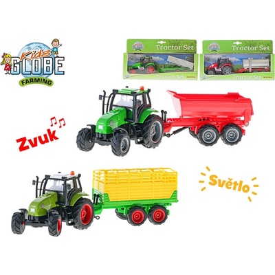 Kids Globe Farming traktor kov 25cm na setrvačník s vlečkou na baterie+světlo/zvuk 4druhy Druhy: s cisternou žlutý přívěs červený přívěs šedý přívěs