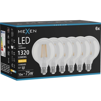 Mexen Vintis 6x LED филтрираща крушка E27, G95, 10W, Топла - 2700K, 1320 lm, прозрачна (L157-E27-1027-00x06)