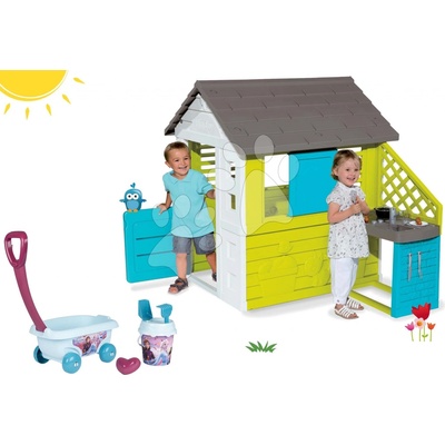 Smoby set detský domček Pretty Blue s letnou kuchynkou a vozíkom s vedro setom 810703-37