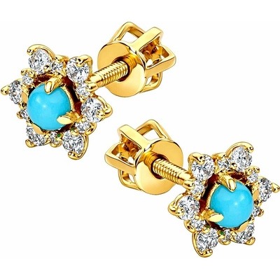 Zlaton Náušnice žluté zlato květina s tyrkysem osazené diamanty 0.80cm 1.35g s diamanty 0.280ct N22102501225