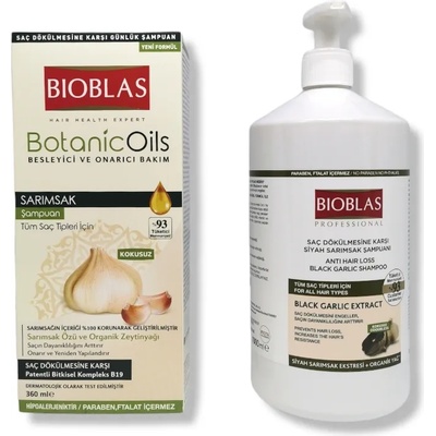 Bioblas промо пакет против косопад, Шампоан с чесън 360мл + Шампоан с черен чесън 1 литър