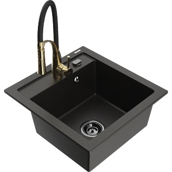 Mexen Vito гранитна кухненска мивка с 1 отделение с хоризонтален смесител Aster, черен/златен металик- 6503-75-73450-57-B (6503-75-73450-57-B)