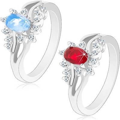 Šperky eshop lesklý prsten ve stříbrném odstínu s rozdvojenými rameny broušené zirkony G15.27 Světlemodrá