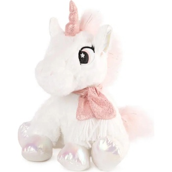Плюш АМЕК Еднорог, седнал бял с розов шал, детска плюшена играчка