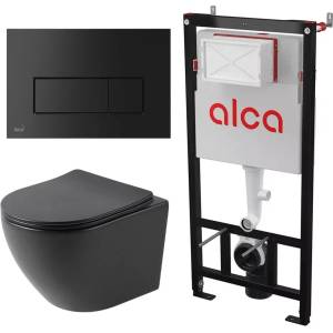 Rune Комплект казанче за WC с вграждаща рамка Alca AM101/1120 и бутон M578, матово черно, плюс конзолна тоалетна чиния Rune Ivaldi с капак softclose (AM101/1120+M578+5940541330424)