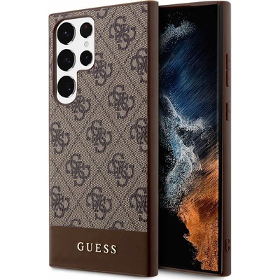 GUESS PU 4G Stripe Leather Hard Case - дизайнерски кожен кейс за Samsung Galaxy S24 Ultra (кафяв)