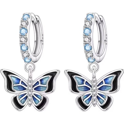 GRACE Silver Jewellery Stříbrné náušnice Motýl v modro-černém designu E-OTE4245/384 Modrá