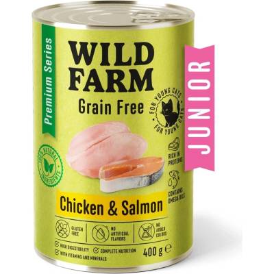 WILD FARM Premium Grain Free Chicken and Salmon Junior 400g - беззърнена храна за котенца