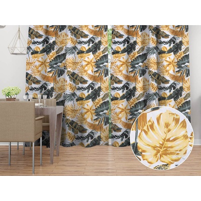 Biante Bavlnený záves Sandra SA-388 Sivozelené a zlaté tropické listy na bielom 150x210 cm