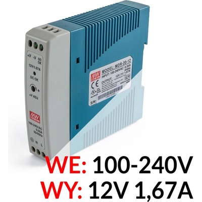Napájací zdroj 12 V DC 1,67 A Mean Well MDR-20-12 EC-15732