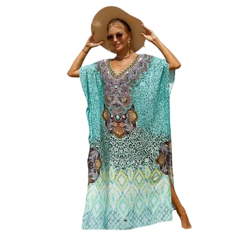 Image 1 of Дълга туника за плаж в цвят мента с леопардов принт и орнаменти