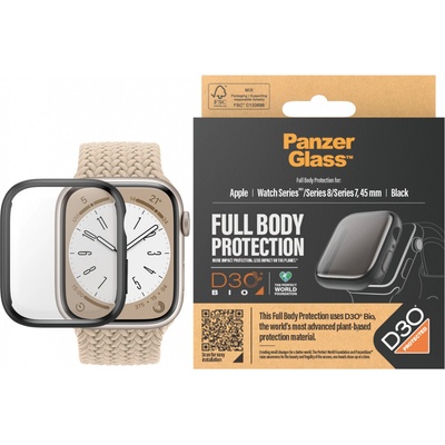 Panzer Стъклен протектор за часовник със силиконова рамка PanzerGlass за Apple watch Series 8 / Series 7, 45 mm, D3O Bio - Черна рамка,