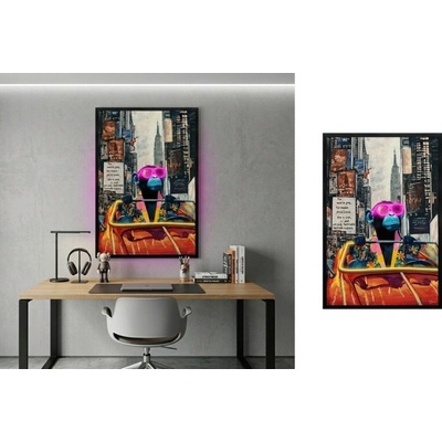 Pop art zábavný LED svetelný obraz na stenu – Cool opica v meste – 63 × 93 cm