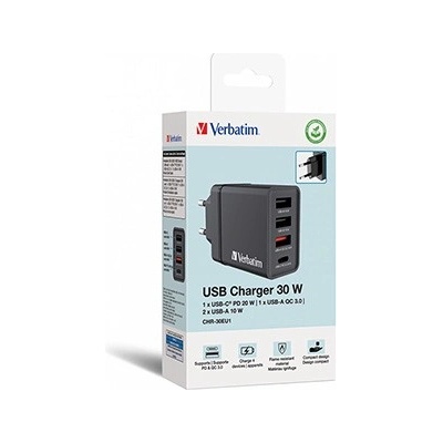 Verbatim 49700 Мрежов адаптер 30W, 4 порта, 1x USB-C, 3x USB-A (49700)