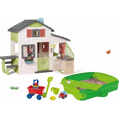 Smoby Set domček Priateľov a pieskovisko s krytom Friends House Life s kuchynkou a elektronickým zvončekom a vozík na ťahanie
