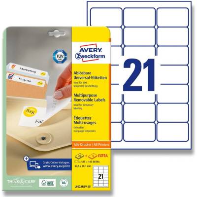 Avery Zweckform L6023REV-25 nepermanentní etikety 63,5 x 38,1 mm 630 etiket bílé