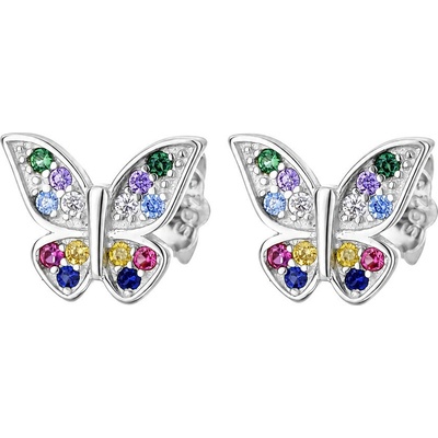 Argento Strieborné náušnice motýľ, farebné okrúhle zirkóny 67604