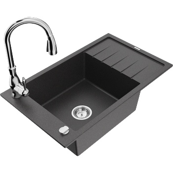Mexen Elias гранитна кухненска мивка с 1 отделение и отцедник и кухненски смесител Savita, черен с пръски - 6511-76-672601-00 (6511-76-672601-00)