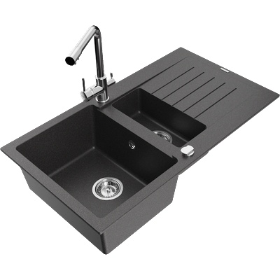 Mexen Matias гранитна мивка 1, 5-камерна с отцедник и кухненски смесител Duero, черен с пръски - 6502-76-671600-00 (6502-76-671600-00)