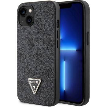 GUESS Strass Triangle Metal Logo Case - силиконов (TPU) калъф за iPhone 15 (черен)