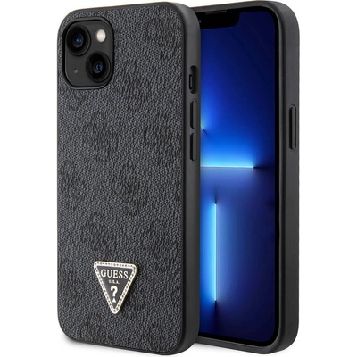 GUESS Strass Triangle Metal Logo Case - силиконов (TPU) калъф за iPhone 15 (черен)