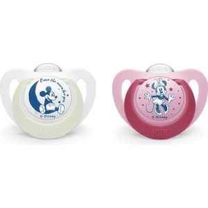 Nuk Силиконови залъгалки NUK - Mickey Night & Day, 18-36 месеца, 2 броя, Бяло и Розово + кутийка за съхранение и стерилизация (10177214-Бяло/Розово)