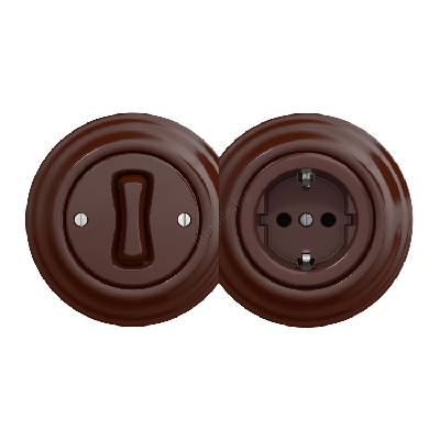 - Ретро еднополюсен ключ №1 и SCHUKO розетка 230 V с кафява рамка (KA0035E)