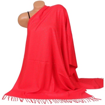 Кашмирен дамски шал в ярко червено с малки камъчета