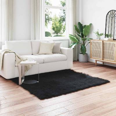 vidaXL Изкуствена овча килим TAFALLA Черно 120 x 120 cm Полиестер (42021575)