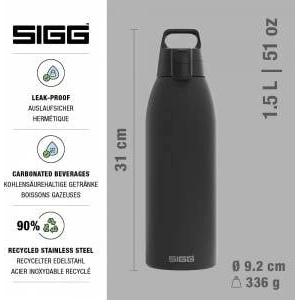 SIGG - Insulated drinking bottle - Thermos bottle Shield Therm One Black - carbonated drinks - leak-proof - dishwasher safe - BPA-free - 90% recycled stainless steel - black - 1.5L - 6167.80