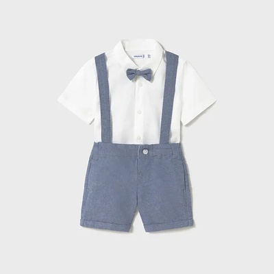 MAYORAL Комплект бяла риза с папийонка и сини панталони с тиранти за бебе момче Mayoral