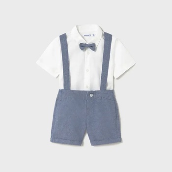 MAYORAL Комплект бяла риза с папийонка и сини панталони с тиранти за бебе момче Mayoral