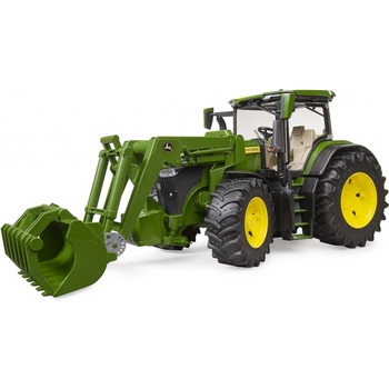 Bruder 3155 traktor John Deere 7R 350 s čelním nakladačem a tandemovým přepravním přívěsem