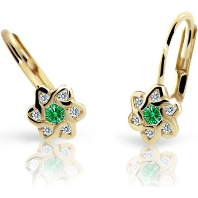 Danfil dětské náušnice kytičky C2149 ze žlutého zlata s kamínkem Emerald Green zapínání klapka