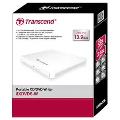 Transcend Оптично устройство Transcend 8X DVD, Slim Type, USB (White), 13.9mm Thickness (TS8XDVDS-W)
