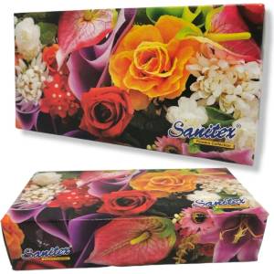  Sanitex салфетки в кутия, 2 пласта, Бели, Цветя, 100 броя