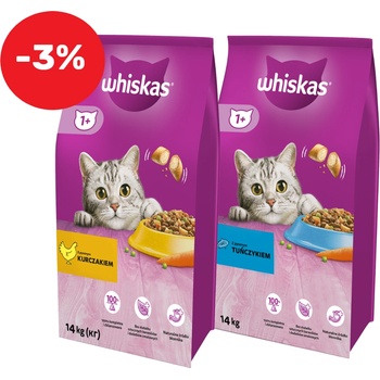 Image 1 of Whiskas Adult 14 кг - суха храна за възрастни котки, с вкусна риба тон + WHISKAS Adult 14 кг с пилешко месо и зеленчуци