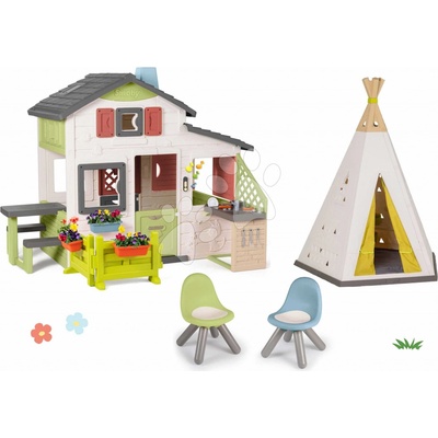 Smoby Set domček Priateľov s predzáhradkou a stan prírodný Friends House Life rozšíriteľný výškovo nastaviteľný s kuchynkou a 2 stoličky KidChair