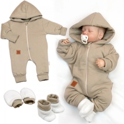 Baby Nellys Bavlněný oteplený overálek s kapucí rukavičky botky 3D sada Nature taupe