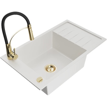 Mexen Elias гранитна мивка с една камера с отцедник и кухненски смесител Aster, бял - 6511-20-73450-57-G (6511-20-73450-57-G)