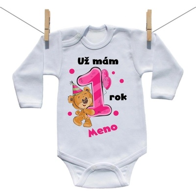 Boodyy Body s dlhým rukávom Už mám 1 rok s Medvedíkom a menom dieťatka Dievča
