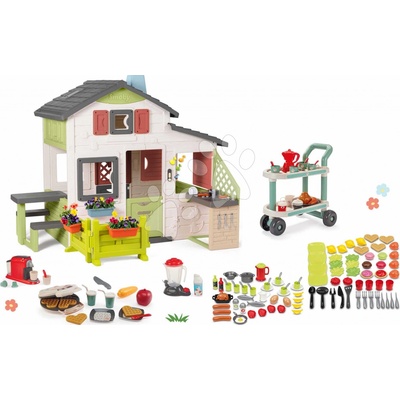 Smoby Set domček Priateľov s predzáhradkou a kuchynka so spotrebičmi Friends House Life rozšíriteľný a servírovací vozík s potravinami