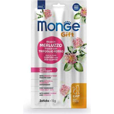 MONGE GIFT Soft Sticks Skin support 3 ks mäkké pochúťky pre mačky na podporu pokožky s treskou a ďatelinou červenou 15 g