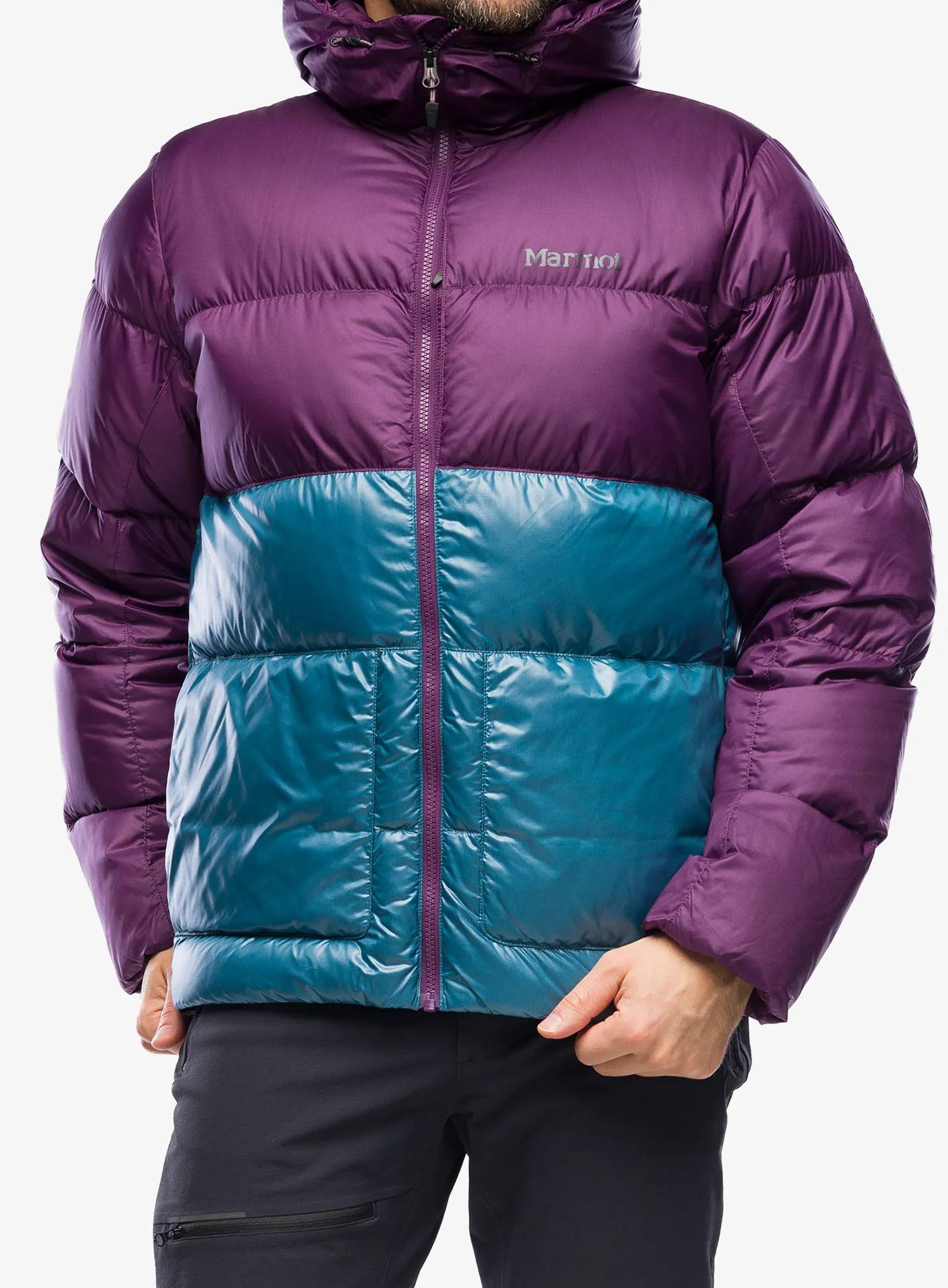 Marmot Mens Guides Hooded Down Jacket (Purple Fig/Moon River
