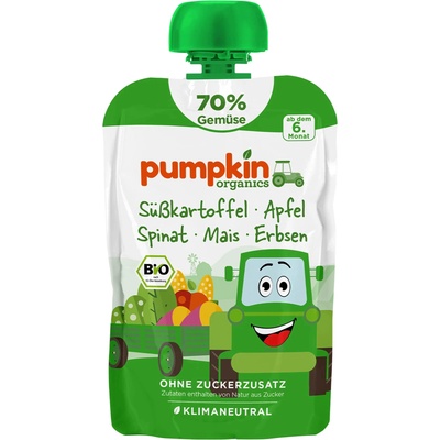 Pumpkin Organics Био пюре Pumpkin Organics - Пауч със сладък картоф, ябълка и спанак, 100 g (210711)